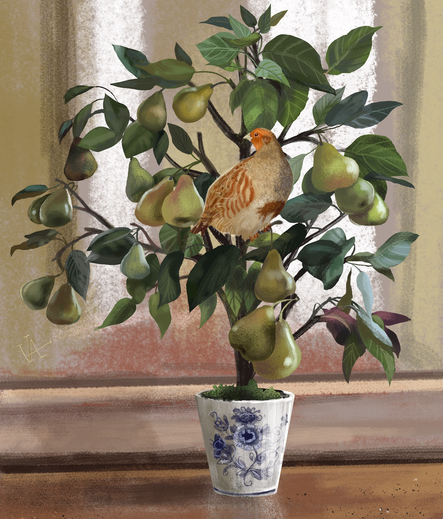 Partridge in a pear tree arrangement on a fireplace mantel with a mirror behind it. Delft blue vase.