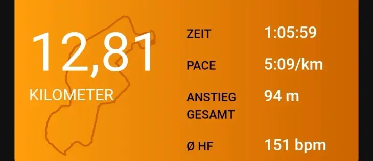Screenshot from Garmin Connect. It shows the distance 12.81km, the time 1 hr 5 mins and 59 secs, the pace 5 mins and 9 secs, elevation gained 94m and average heart rate 151 bpm