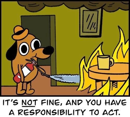 Dog from "this is fine" meme extinguishes the fire. Captions says: It's not fine, and you have a responsibility to act.

This Is Fine is a two-pane image of an anthropomorphic dog trying to assure himself that everything is fine, despite sitting in a room that is engulfed in flames. Taken from an issue of the webcomic series Gunshow illustrated by K.C. Green and published in early January 2013, the cartoon is typically used as a reaction image to convey a sense of self-denial or acceptance in the face of a hopeless situation.