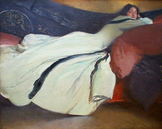 Young woman reclining on her front in elegant long white fashionable dress Victorian era art