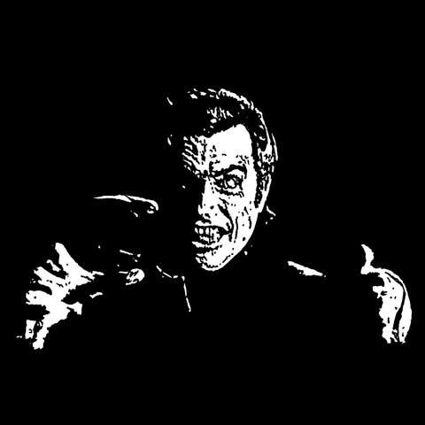 Pen drawing of an angry vampire in a cap reaching his arms out and scowling drawn on a black background.