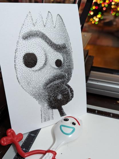 Stipple pen drawing of Forky