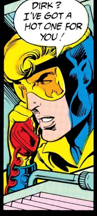 Booster Gold says to someone on the old fashioned corded telephone, "I've got a hot one for you!"