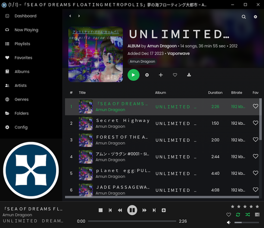 Screenshot of Sonixd playing an album. The user interface is very much like that of Spotify, with a menu to access albums, playlists and more on the left, album art and metadata on the top and album tracks below it, with a player along the bottom.