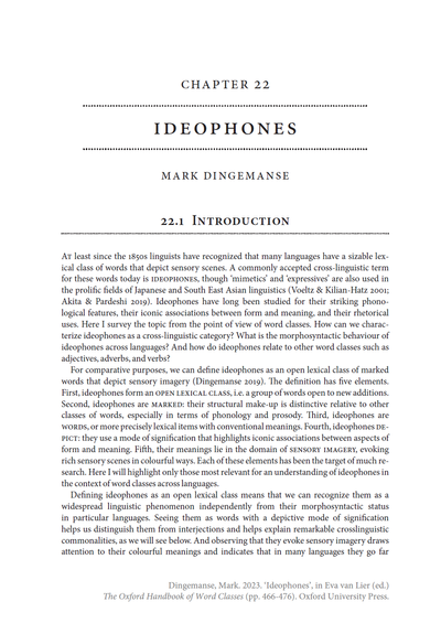 Cover page of "Ideophones", a chapter in the Oxford Handbook of Word Classes