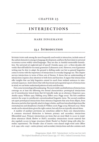 Cover page of "Interjections", a chapter in the Oxford Handbook of Word Classes