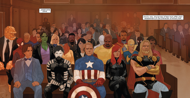 Une bonne pelletée de héros sont sur le banc de l'accusation en tant que témoins : Captain America, Black Widow, Thor, Hellcat, Spider-Man, la Chose, She-Hulk, Luke Cage, ...

" Tout le monde est venu. Un par un, les héros de New York offrent leurs témoignages contre la personne de Wilson Fisk."