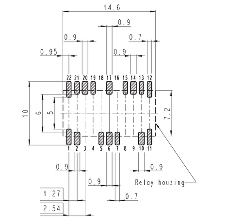 Mechanical drawing of a relay showing dimensions for various pins but it's not clear how big pin 1 is