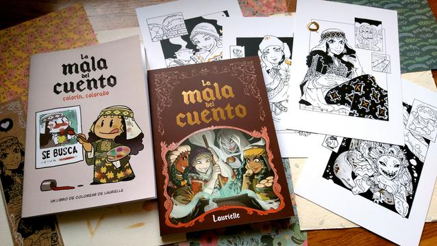 Foto del cómic la mala del cuento, el libro de colorear la mala del cuento y dibujos varios de la mala del cuento