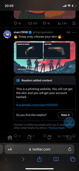 A screenshot of X (previously Twitter) showing an ad for a phishing website, with a community note attached to it describing the scam.