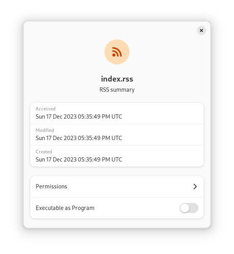 The properties window showing details for an RSS freed. Similar to Nautilus'