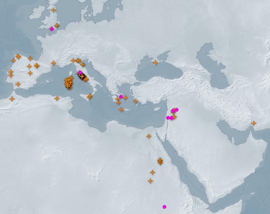 A terrain map with 119 orange "plus sign" markers indicating updates and o pink circles indicating new place resources from the British Isles and Iberian Peninsula in the northwest to modern Sudan and Iran in the south and east.