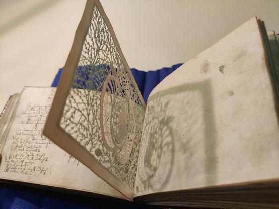 Open book in strong shadow showing the back of a decoratively cutout page