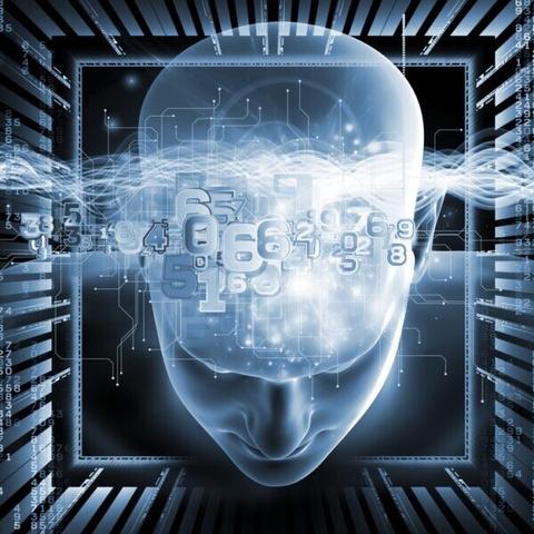 translucent shaved blue head seen from above, superimposed over a computer chip, electricity running through the temples - deposit photos