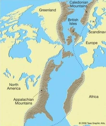map - North Atlantic - showing applachian mountains 'extension' across to africa, europe and greenland