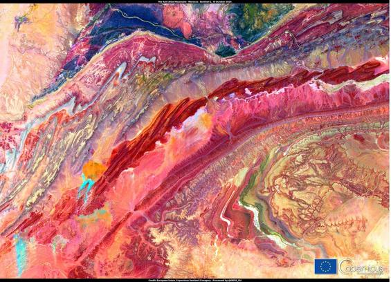 satellite view - remote sensing - false colour - Atlas Mountains, from Copernicus