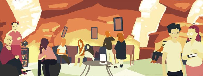Artistic rendering of people standing and sitting, chatting with each other, in a warmly lit space, a cross between a large cavern and a living room. Art by Juan Santapau.