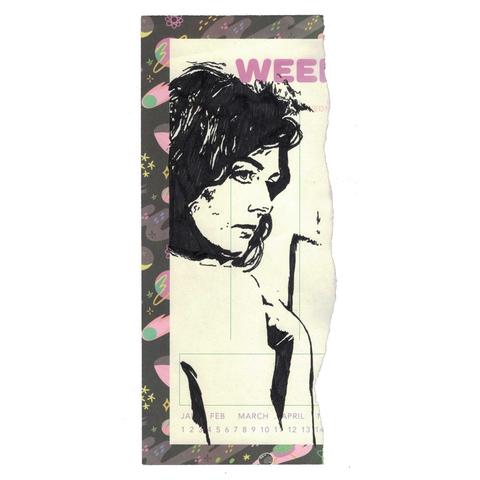 Pen drawing of Vanessa Redgrave posing shirtless for a photographer drawn on a torn weekly planner.