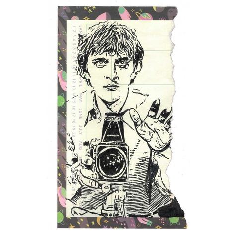 Pen drawing of David Hemmings standing behind a camera drawn on a torn weekly planner.