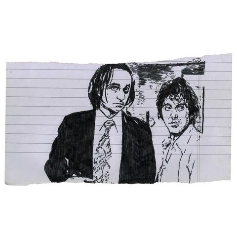 Pen drawing of Al Pacino and John Cazale wearing suits drawn on a torn notebook page.