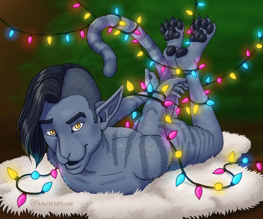 A color illustration of a male anthro cat with grey striped fur laying chest-down on a fur rug, his arms and legs tangled in Christmas lights in the pansexual flag colors behind him.