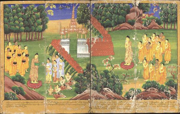 An open book with a picture of a buddhist temple.