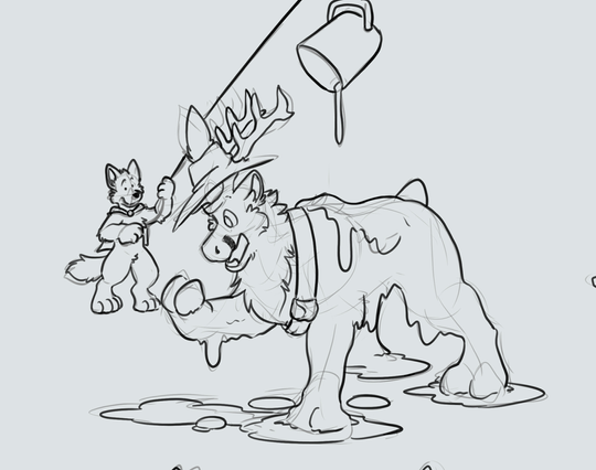 Kickahota the Fox holds onto a rope which having been pulled had dumped a bucket of goop on Will the former fox which not is a goopy feral reindeer.