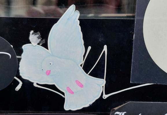 Glasscheibe, auf der verschiedene schwarz-weiße Aufkleber kleben. Auf diesem dunklen Hintergrund klebt eine weiße Taube, die ihre Flügel ausbreitet. Krallen und Schnabel sind pink.