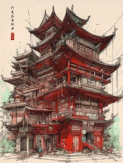 Rappresentazione di fantasia di un probabile palazzo in stile han dai colori rosso e grigio, facente parte della tradizione architettonica cinese e giapponese.