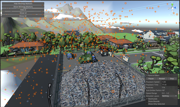 Screenshot of an unity scene view showing the first level of garbage crew with a lot of orange marked particles visible everywhere.