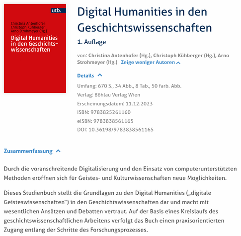 Screenshot: Cover und Verlagsblurb zu "Digital Humanities in den Geschichtswissenschaften"