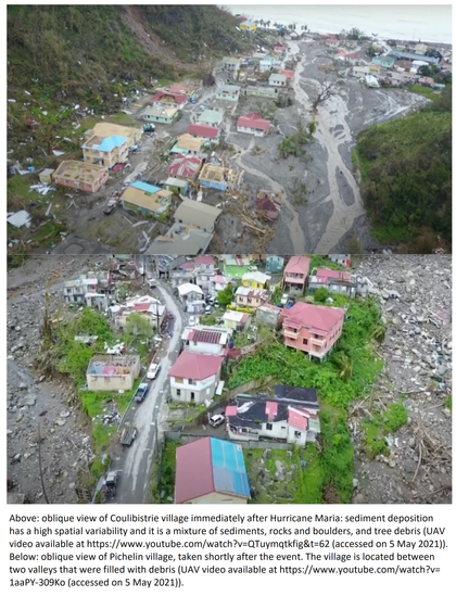 oblique drone photo - Dominica - oblique view of Coulibistrie village immediately after Hurricane Maria: sediment deposition has a high spatial variability and it is a mixture of sediments, rocks and boulders, and tree debris (UAV video available at https://www.youtube.com/watch?v=QTuymqtkfig&t=62 (accessed on 5 May 2021)). Below: oblique view of Pichelin village, taken shortly after the event. The village is located between two valleys that were filled with debris (UAV video available at https://www.youtube.com/watch?v=1aaPY-309Ko (accessed on 5 May 2021)).