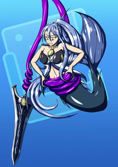 Laura being caught by tentacles and trying to escape, while one of the tentacles is stealing her sword.