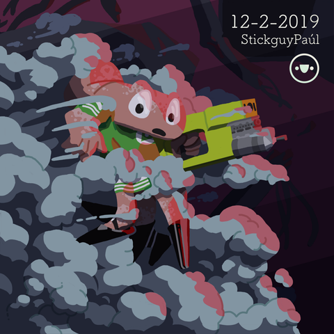 Digital art, tentacled alien holding strange gun being pushed forward by a smokey explosion.
