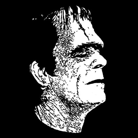 Pen drawing of Glenn Strange as Frankenstein’s Monster drawn on a black background.