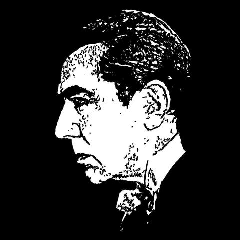 Pen drawing of Bela Lugosi as Count Dracula looking angry drawn on a black background.