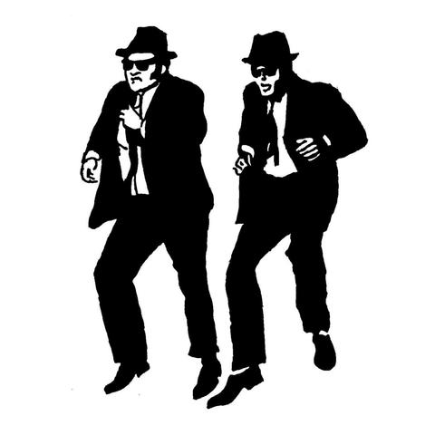 Pen drawing of two men wearing suits and sunglasses running drawn on a black background.