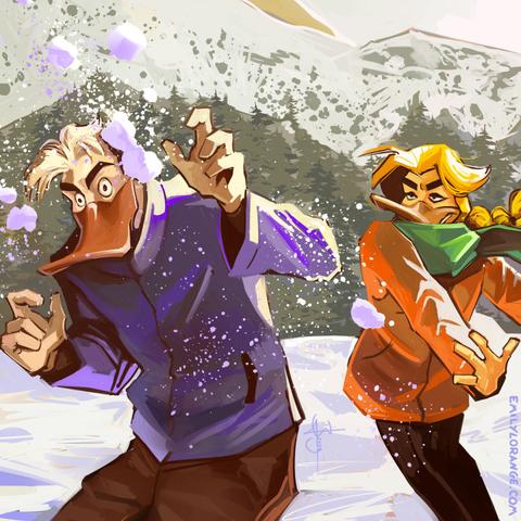 a digital painting of two anthropomorphic ducks. both are facing towards the camera and slightly to the left, drawn from about knee upward. the one in the foreground has just hit with a snowball, and the bits of snow have burst in a cloud around him. he is visibly surprised. his back is to the attacker, who can be seen with a grin behind him.
