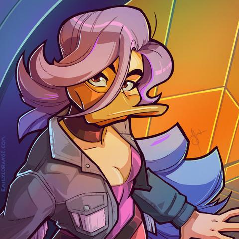 a digital drawing, done in a sort of animated cel-style, of an anthropomorphic duck standing in front of a background of blue and yellow. she is drawn from about the waist up, and the camera angle suggests the viewer is slightly above her. she is looking up the the viewer, though facing more to the right. she has lavender hair, a low-cut pink tanktop, and a black jean jacket with pink fringe