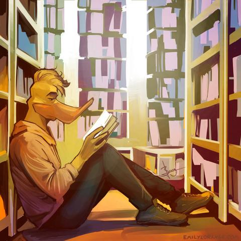 a digital painting, of an anthropomorphic duck sitting on the floor between what appears to be shelves of a library. he is seen in profile, engrossed in a book, and he takes up the entire aisle. he is lit from above, and the overall tone of the image is bathed in oranges and yellows.