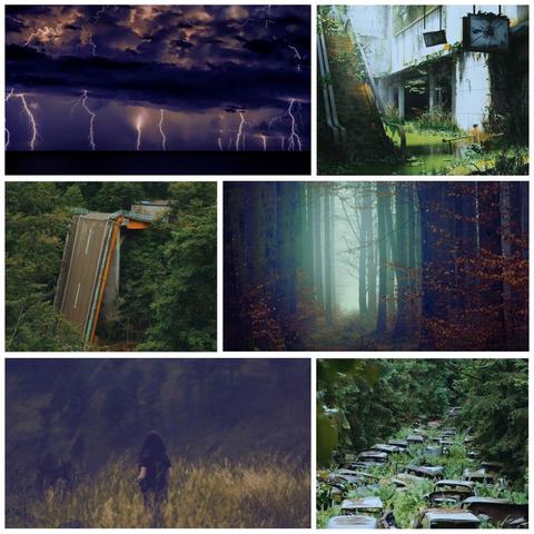 6 images. top left: dark horizon illuminated by lightning; top right: overgrown mall ruin w/ small trees growing on elevator stairs; mid left: remnants of a crumbled highway bridge amidst trees; mid right: foggy autumn woods; bottom left: dark-haired woman fleeing through a wheat field; bottom right: an overgrown street full of rusty car chassis.