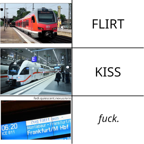 meme, three photos, each with a label.

photo of a stadler FLIRT train at a platform, labeled "FLIRT".

photo of a stadler KISS train at a platform, labeled "KISS".

photo of a deutsche bahn platform information screen displaying "zug fällt aus", labeled "fuck."