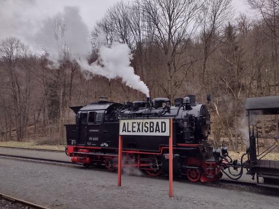 A steam locomotive behind a station sign saying "Alexisbad"