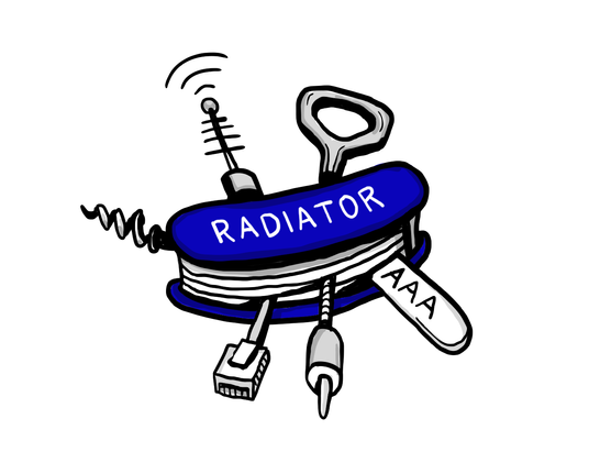 A hand-drawn blue swiss army knife with Radiator written on the cover and some of blades replaced with antenna, rj-45 connector and AAA blade.