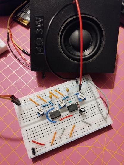 Prototype of the Atari Punk Console. It is built on a half sized solderless breadboard