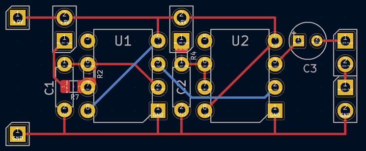 PCB layout done in KiCad for the minimized circuit. the potentiometers, power, and speaker will be connected using DuPont connectors and pin headers