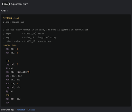A solution to a puzzle to write a function in x64 Assembly Language to calculate the sum of the squares of an array of inputs...