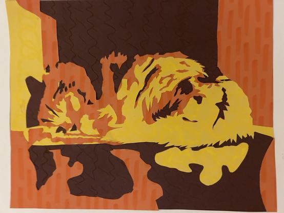 cut paper portrait of a fluffy cat asleep on his side in yellow, orange, and brown cut paper. His head is to the left, and he's on a squarish background with some reflection below him