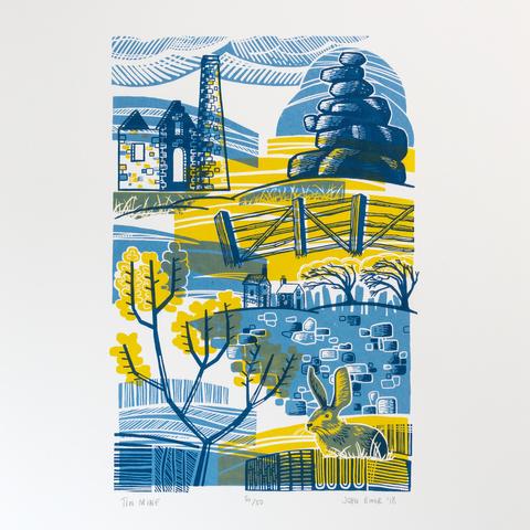A three colour screenprint of Cornwall showing a tin mine, rock tor, fence, trees, a dry stone wall, gorse and a hare. It is quite an abstract print with details in the foreground and abstract shapes in the background mimicking hills.