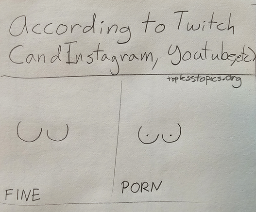 A very simplified webcomic page with the caption "according to Twitch (and Instagram, YouTube, etc) :

Two panels-
Left panel, two U's side by side in an extremely simplified indication of drawing "breasts" with the caption "Fine"
Right panel-the same U's, with a dot in the middle of each to represent "nipples" and the caption "porn"